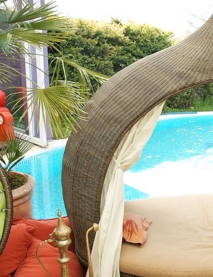 Horny mature slut playing at the pool under the sun